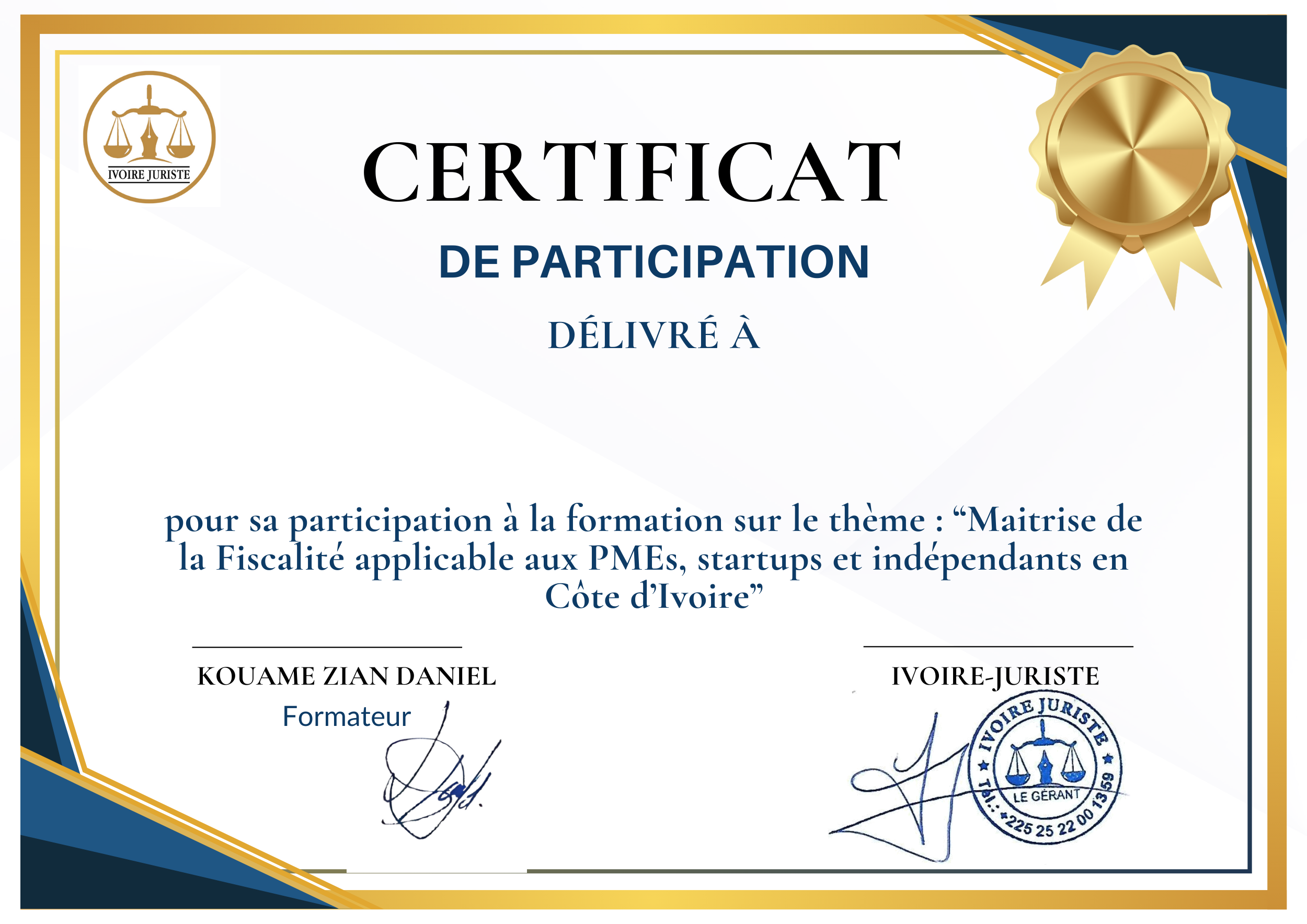 KOUAME ZIAN DANIEL-CERTIFICAT DE PARTICIPATION-V1-Maitrise de la Fiscalité applicable aux PMEs, startups et indépendants en Côte d’Ivoire